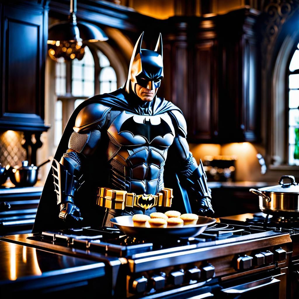 Batman Cooking in Wayne Manor: Hyperrealistic Photography