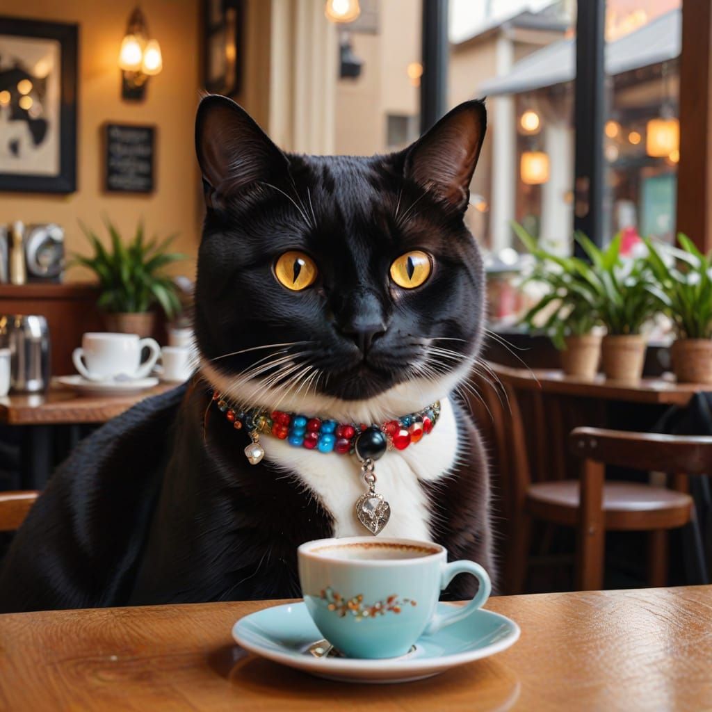 Tuxedo Cat Enjoys Coffee in Cozy Cafe Setting