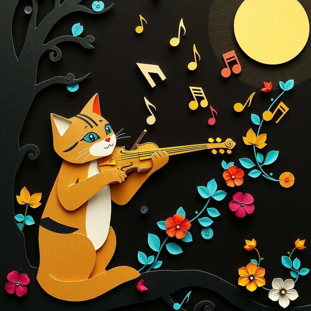 Musical Cat Listening to Violinist in Kirigami Style