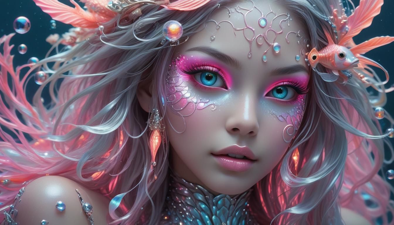Neon Cyborg Mermaid in Underwater Cyberpunk Scene