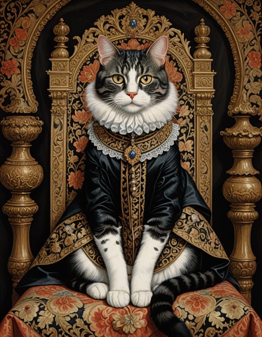 Elizabethan Cat Portrait in Antique Oil Painting Style