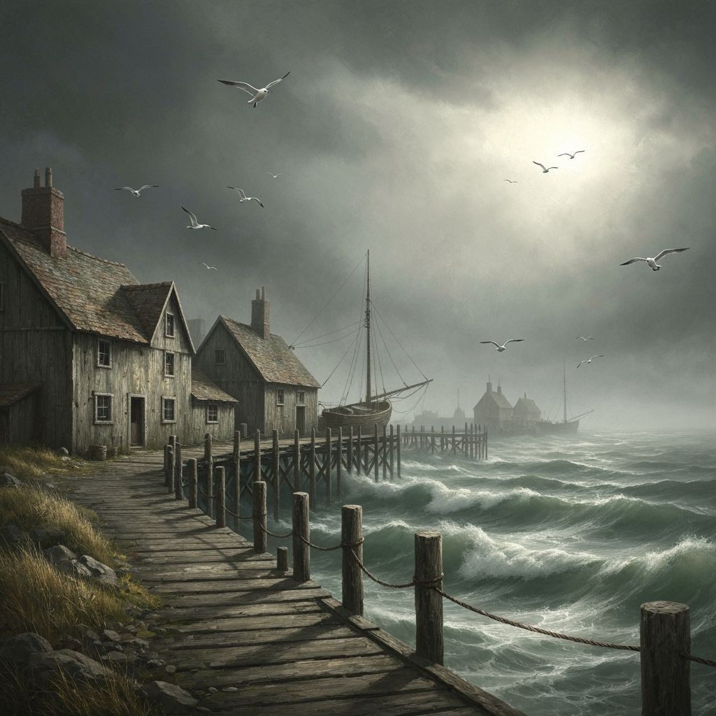 Atmospheric Fishing Village in Foggy Oil Painting Style