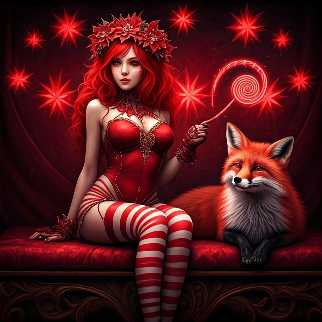 Stunning Red and White Digital Art of a Jester Girl with a R...