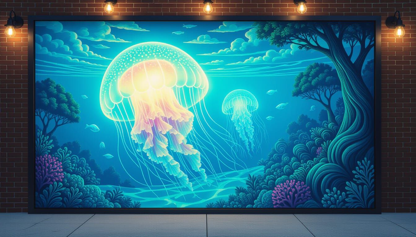 Chalk Art Jellyfish on Brick Wall Mirror Illusion