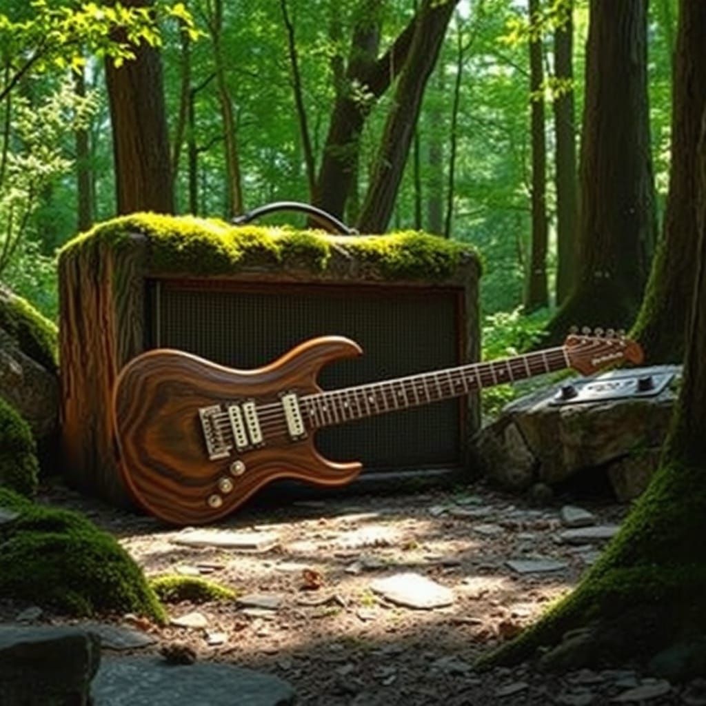 Electric Guitar Leans Against Ancient Moss-Covered Amplifier...