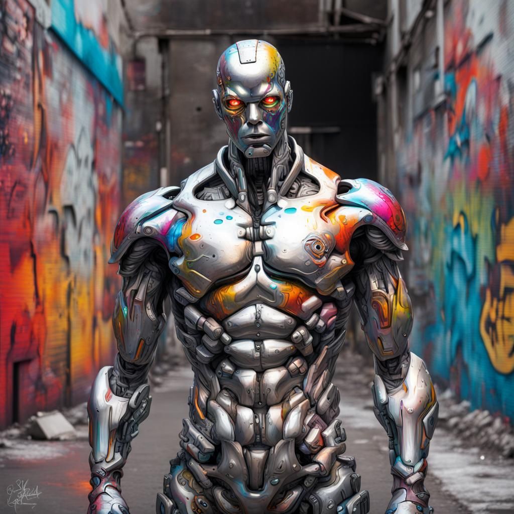 Handsome Silver Cyborg in Graffiti Art Style