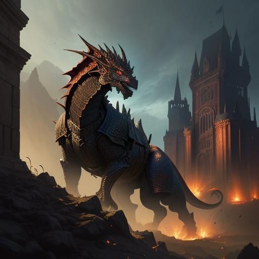 Armored Red Dragon Battles Knight at Castle