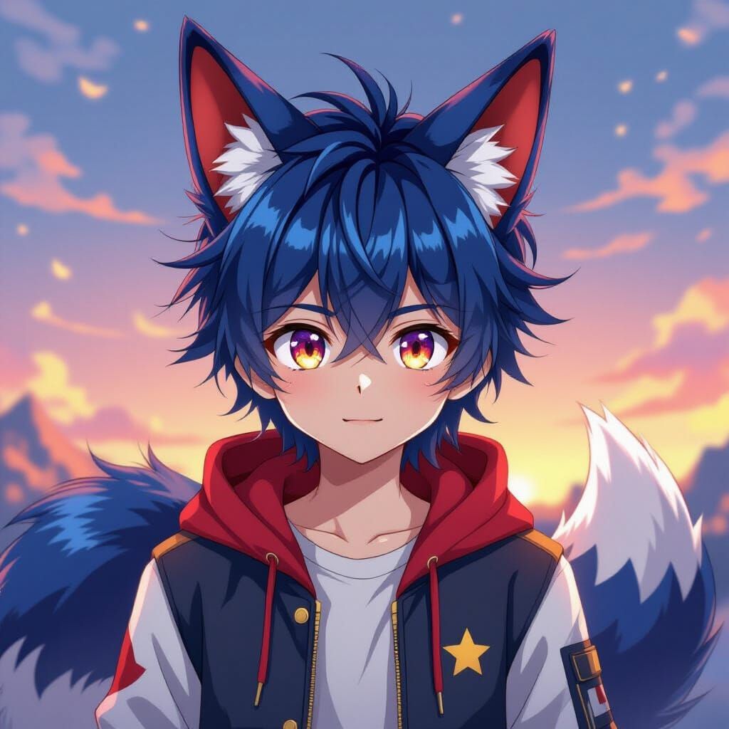 Anime Fox Boy with Dynamic Pose and Twilight Background