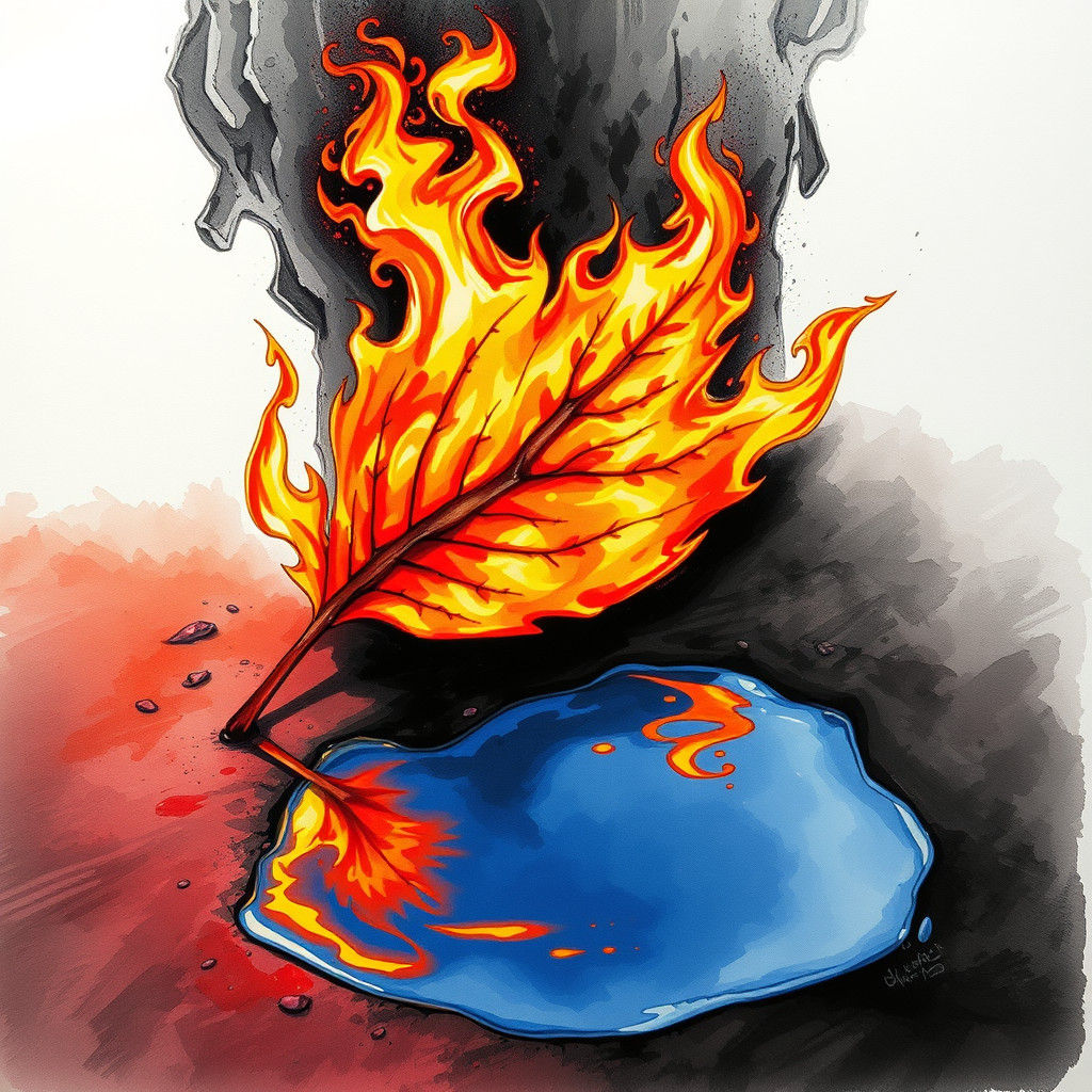 Fiery Leaf Ink Wash Illustration with Reflections