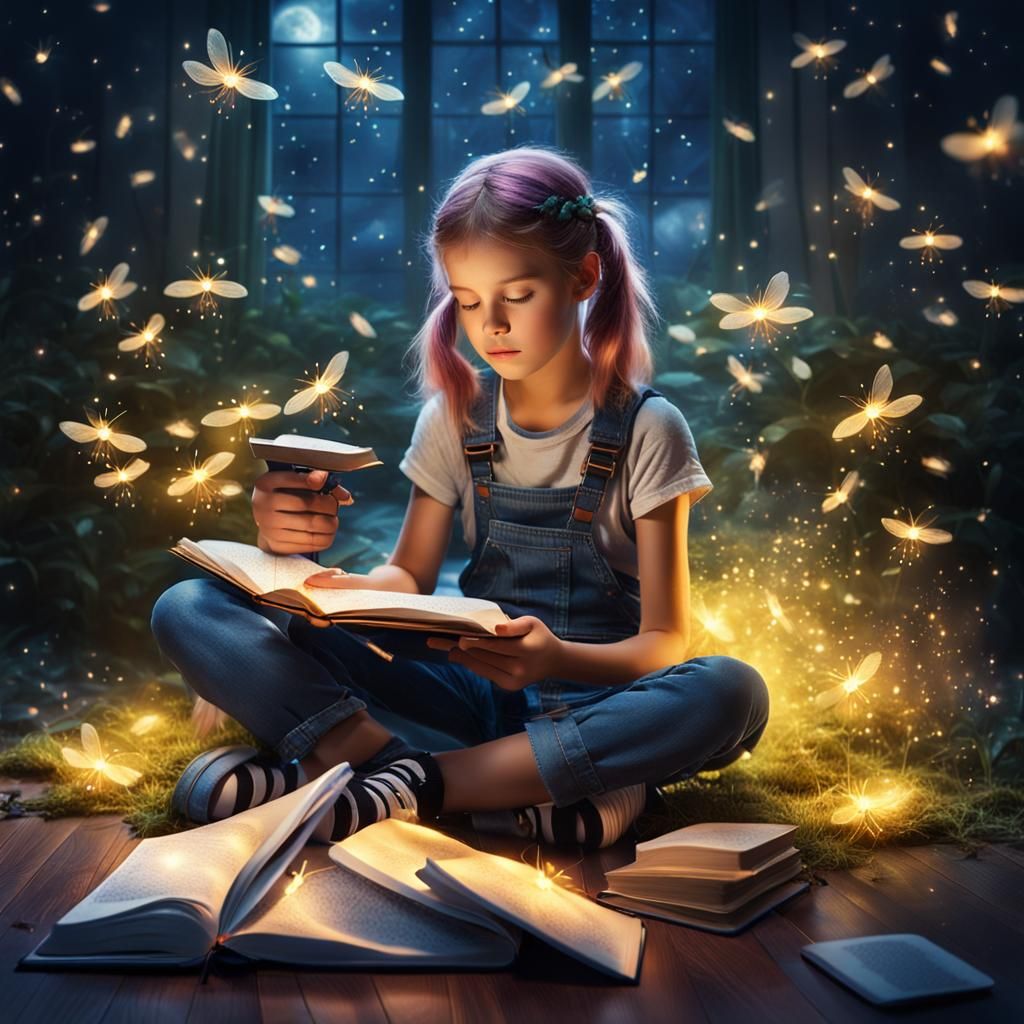 Charming Punk Girl with Diary and Magical Fireflies