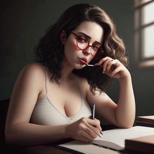 Pensive Woman with Pen: A Realistic Portrait