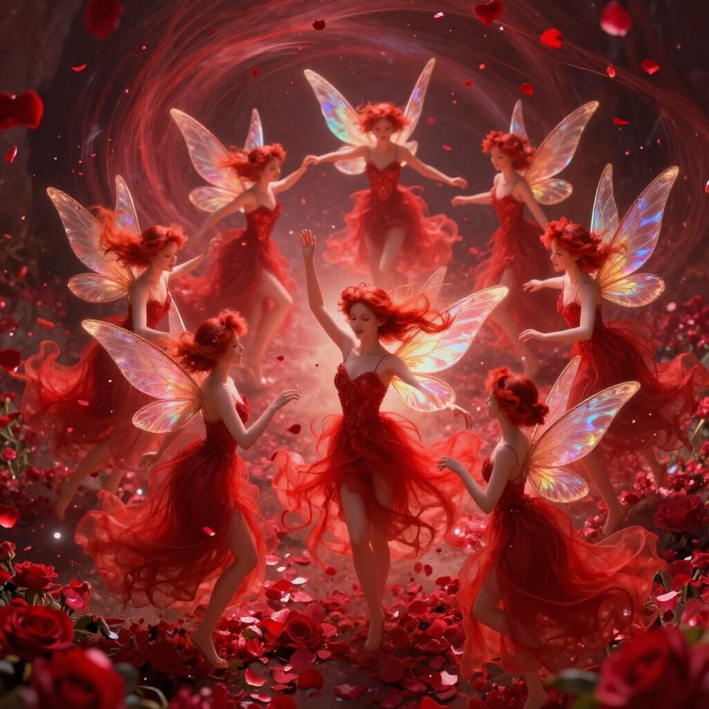 Ethereal Faeries Dancing in Crimson Petal Tempest