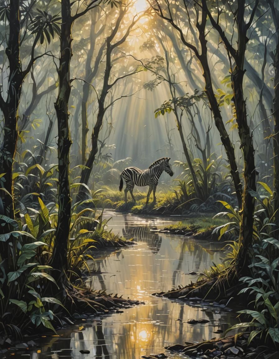 Zebra in Rainforest: A Jackson Pollock-Style Painting