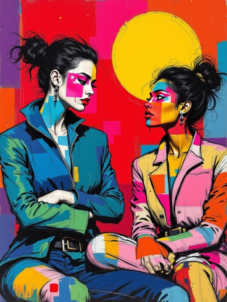 Neon Hearts Collide in Quiet Wars - Basquiat Inspired Street...