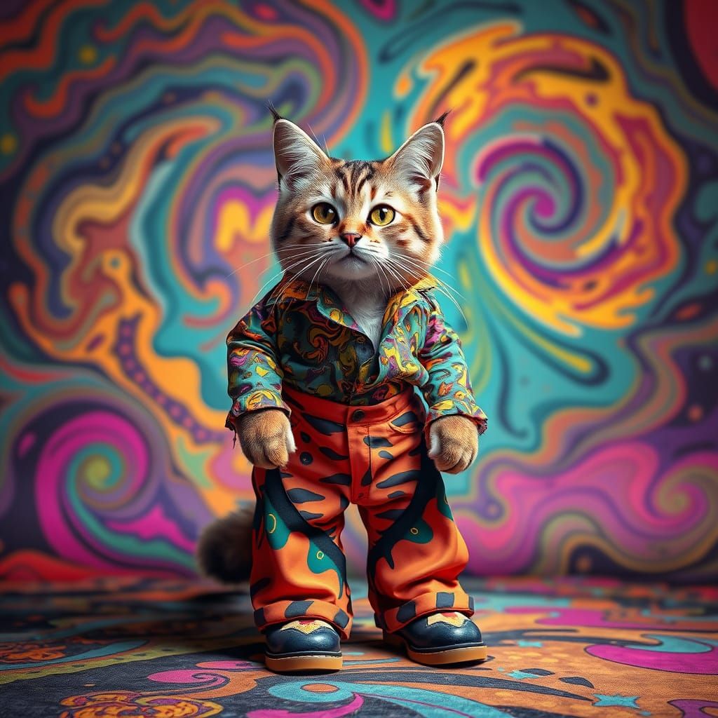 Hyperrealistic Cat in 1970s Psychedelic Style
