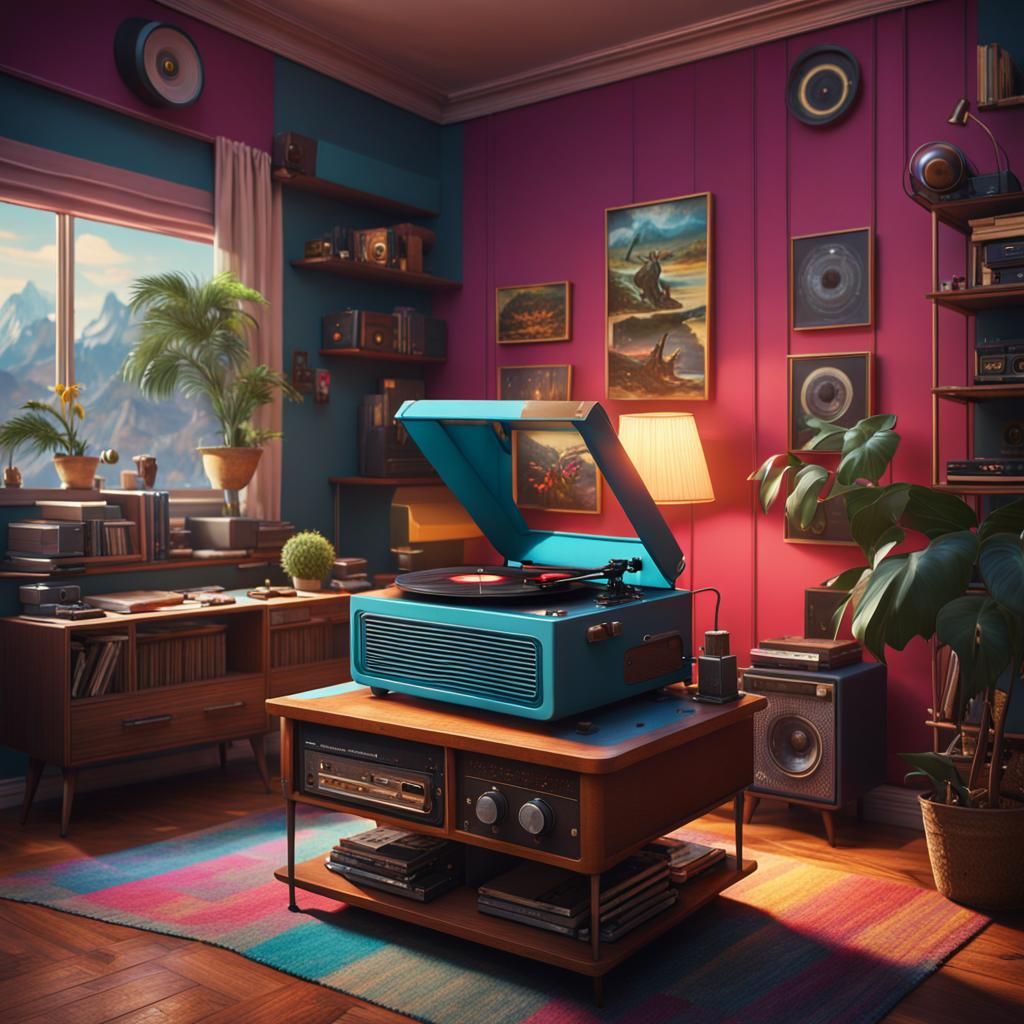 Retro 80s Living Room with Record Player