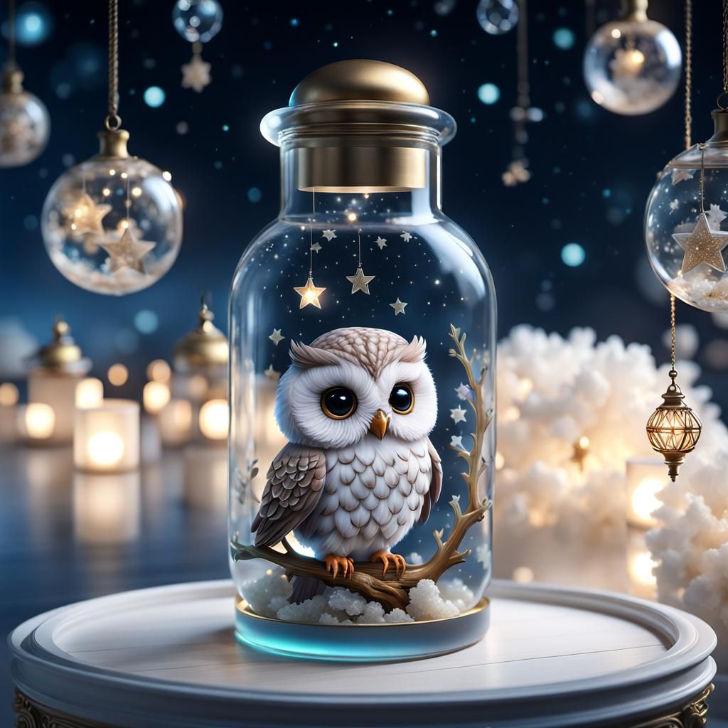 Cute Chibi Owl in Bottle with Crystal Stars