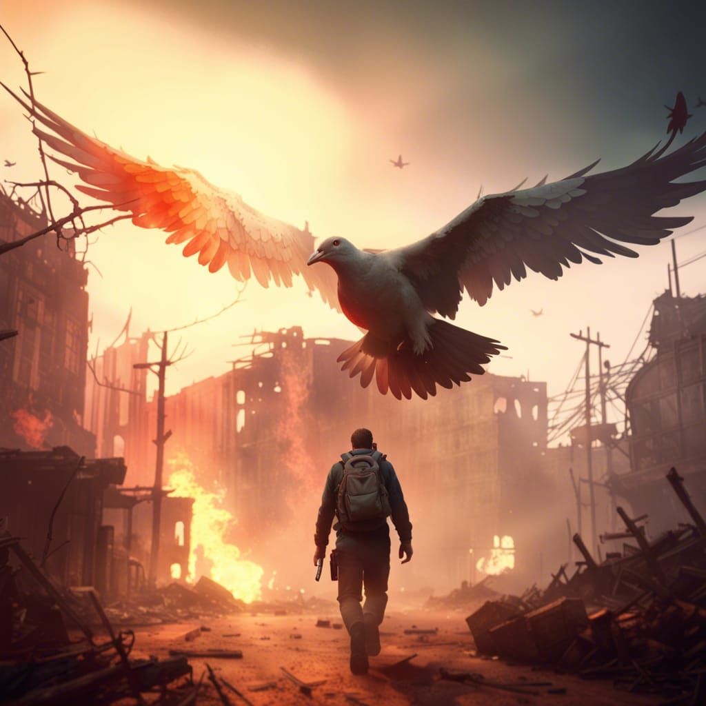 Post-Apocalyptic Survivor with Dove in Dark Fantasy Style