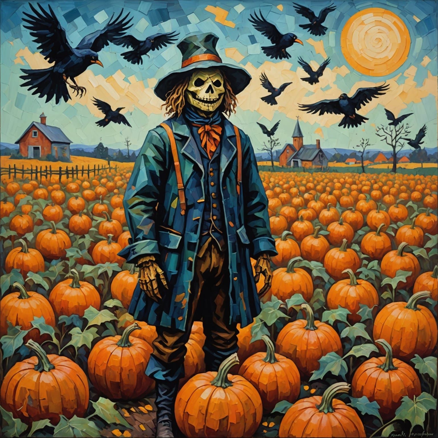 Eerie Scarecrow in Pumpkin Patch: An Expressionist Painting