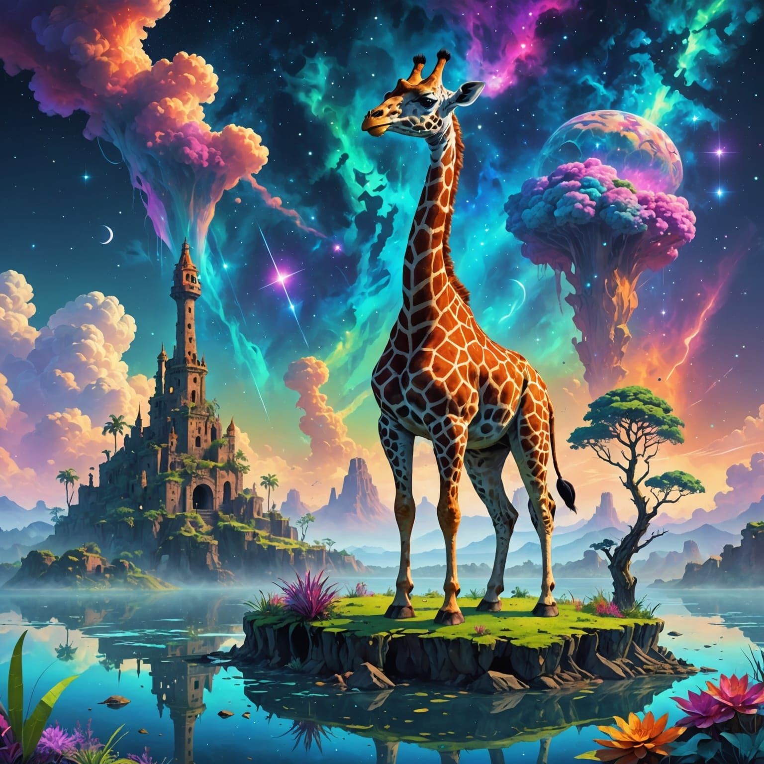 Giraffe with Crystal Horn Gazes at Nebula on Floating Island