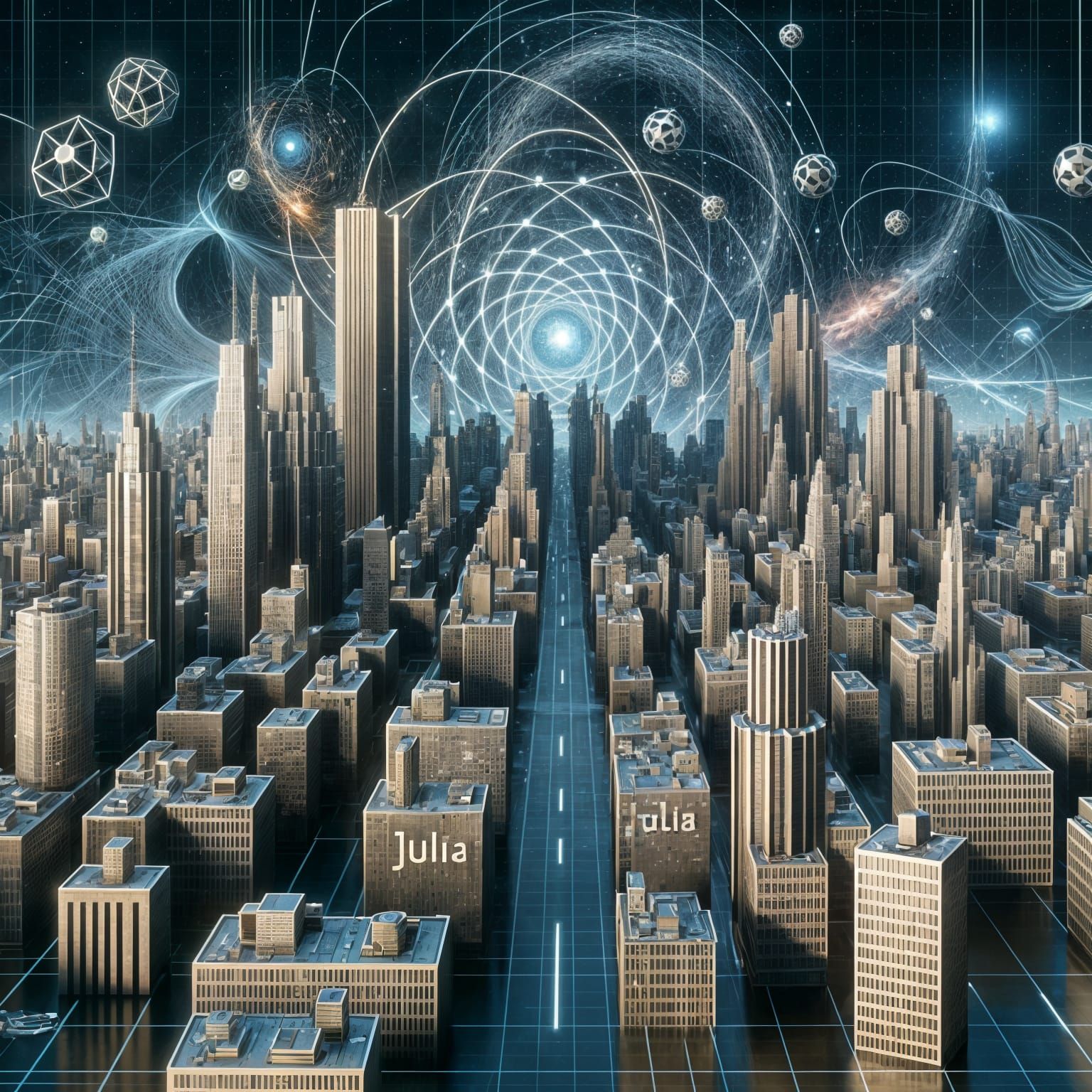 Quantum Cityscape with Julia Inscribed in Futuristic Typefac...