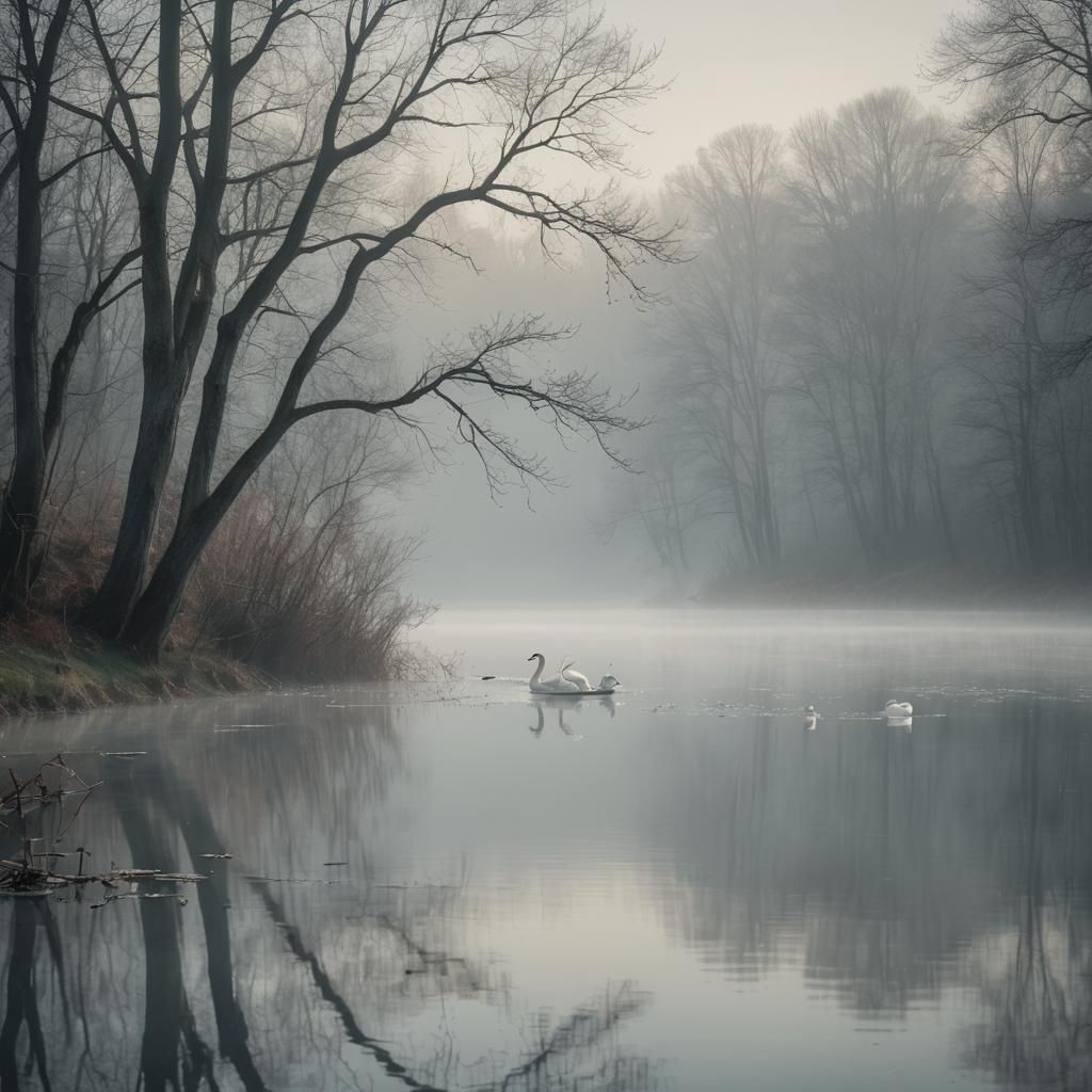 Swans Gliding on Misty Lake in Impressionistic Style