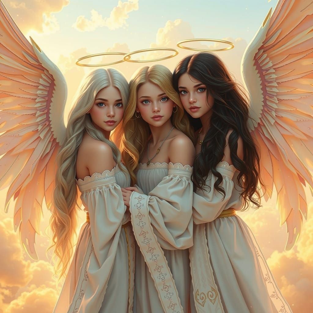 Three Angel Siblings in Divine Light, Dark Blonde, Brown, an...