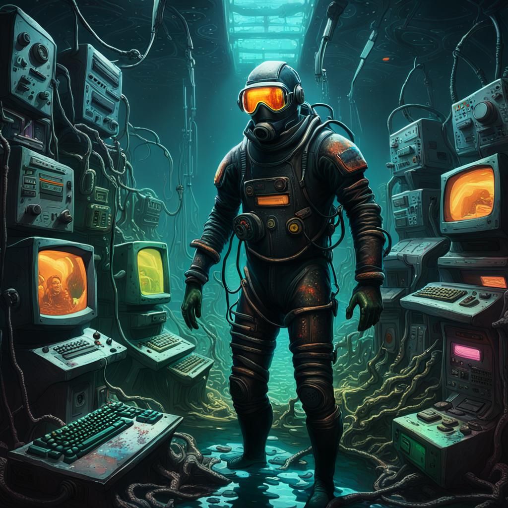 Biopunk Scientist in Decaying Underwater Lab