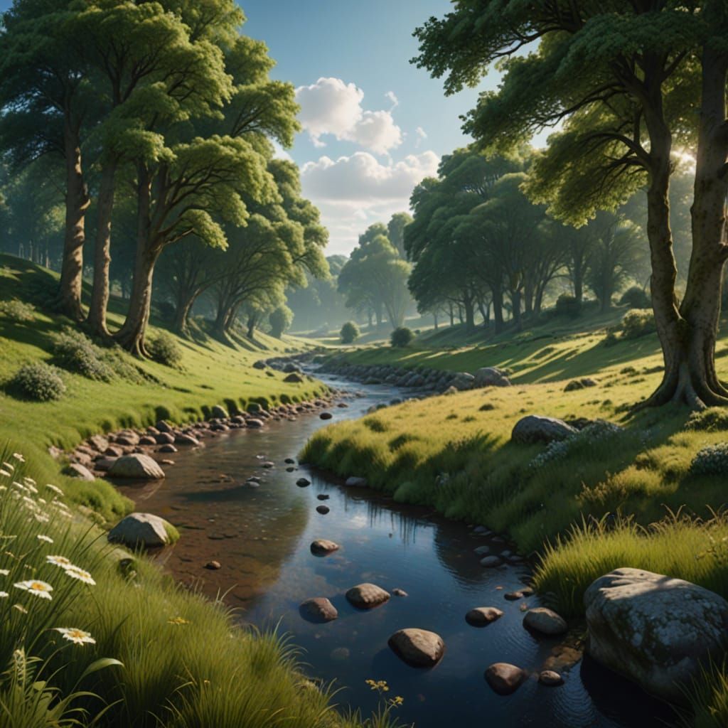 Surreal English Countryside Landscape with River and Trees