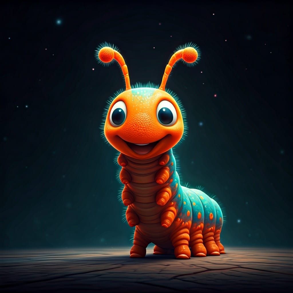 Smiling Orange Caterpillar: Digital Dreamcore Illustration