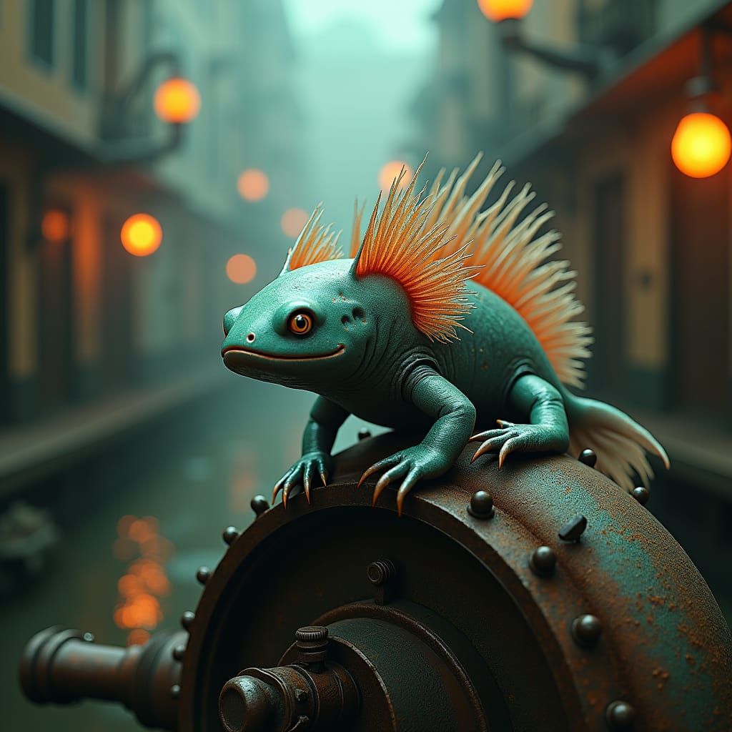 Axolotl in Industrial Revolution Cityscape: Digital Art