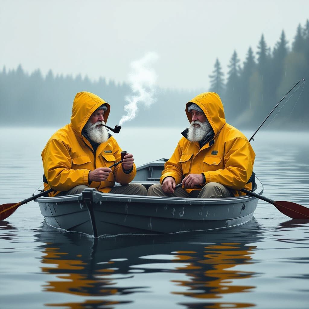 Elderly Fishermen in Misty Motorboat, Realistic Oil Painting
