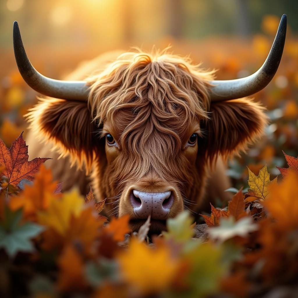 Highland Cow Portrait in Autumn Leaves