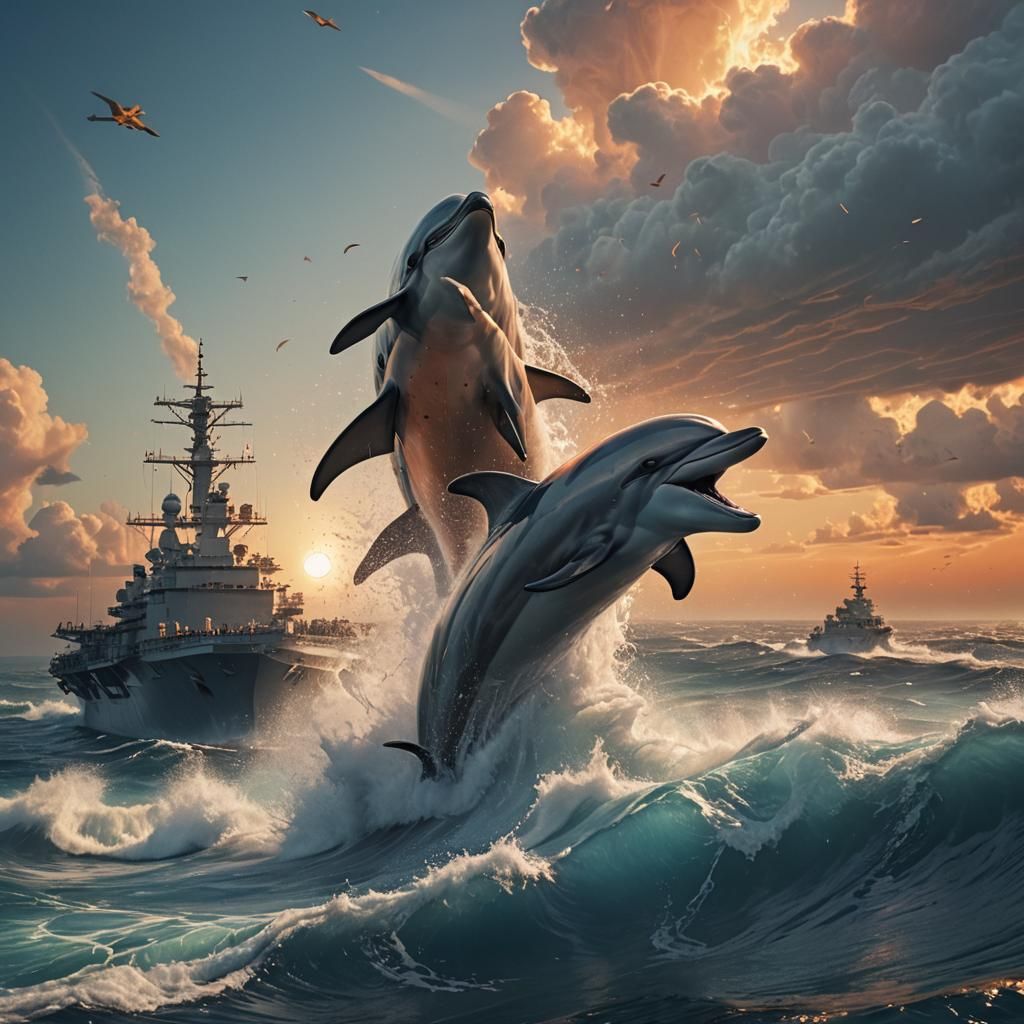 Dolphins Leaping Beside Aircraft Carrier: Fantasy Concept Ar...
