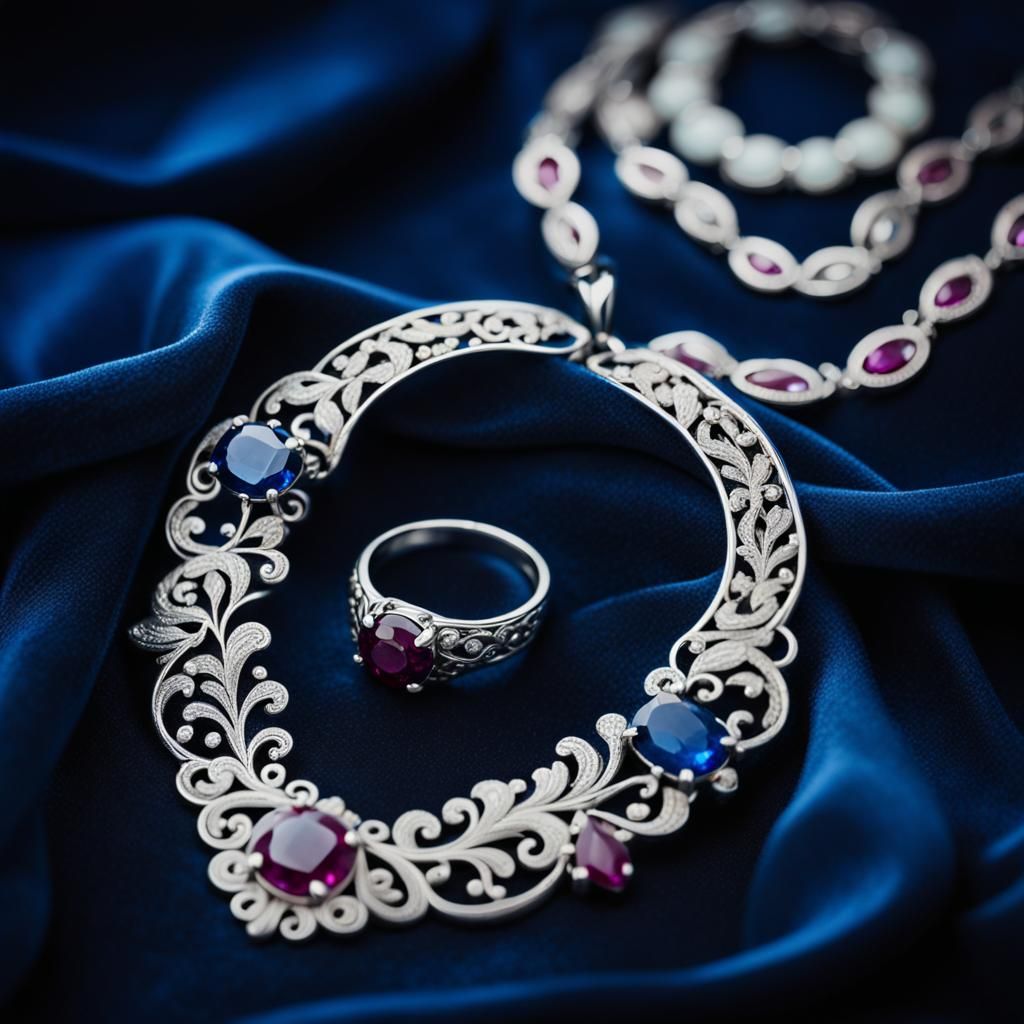 Luxurious Silver Necklace with Blue Rubies, Macro Photo