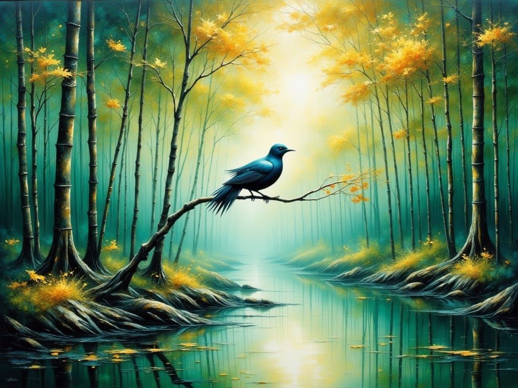 Bird in Bamboo Forest as Impasto Painting