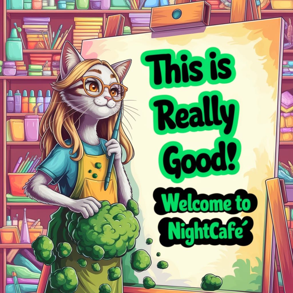 In a warmly lit art studio filled with scattered paint supplies and shelves brimming with art materials, a charming anth...