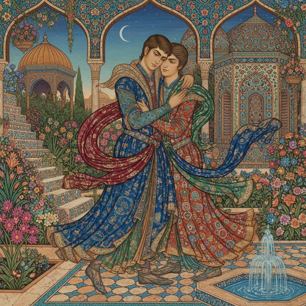 Secret Embrace in Persian Garden, Traditional Art Style