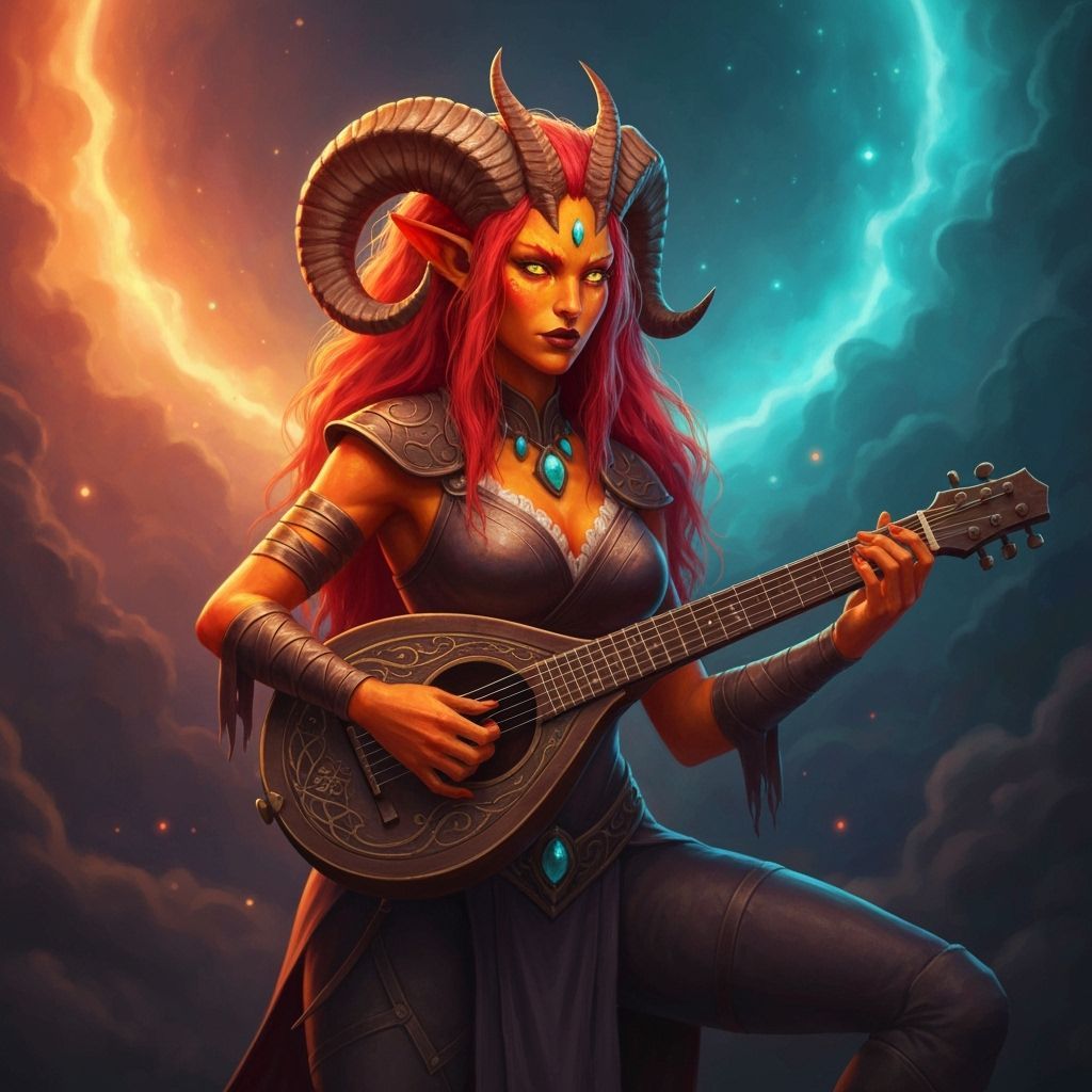 Tiefling Bard with Horns in Digital Matte Painting Style