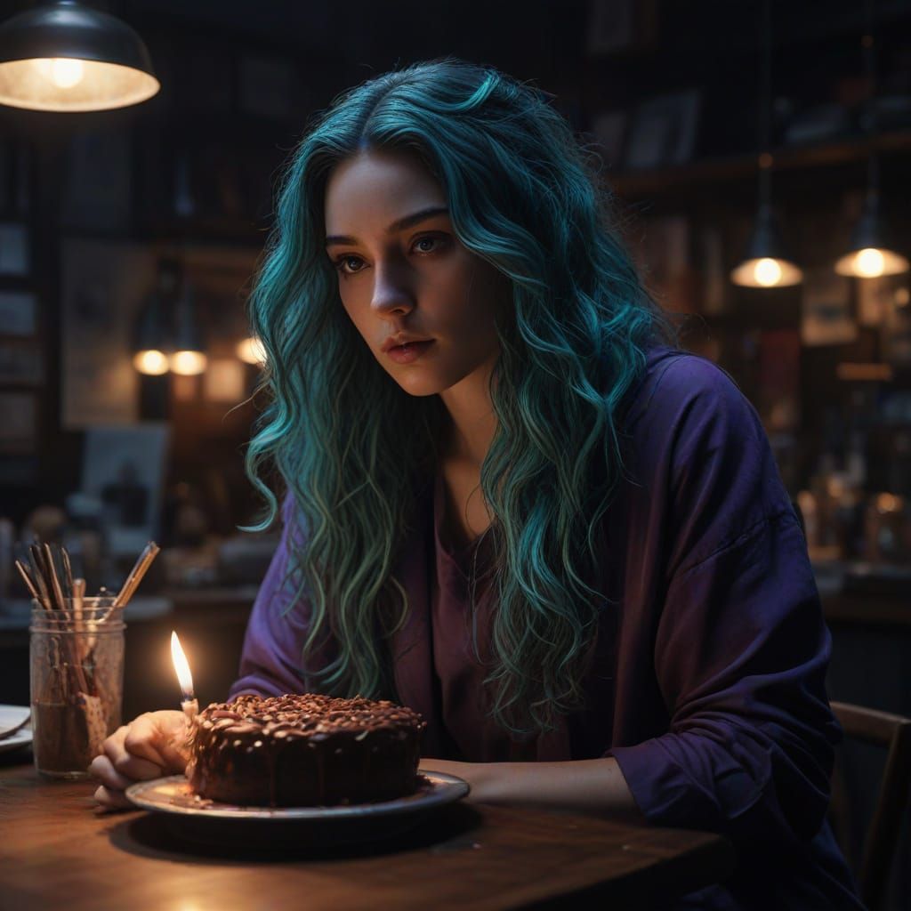 Mysterious Woman with Glowing Turquoise Hair in Neon Room