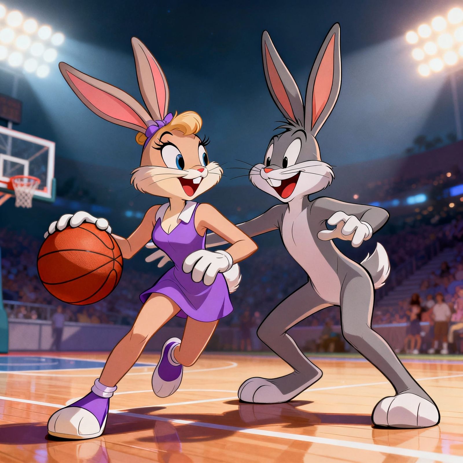 Lola and Bugs Bunny Play Basketball in Comic Toon Style