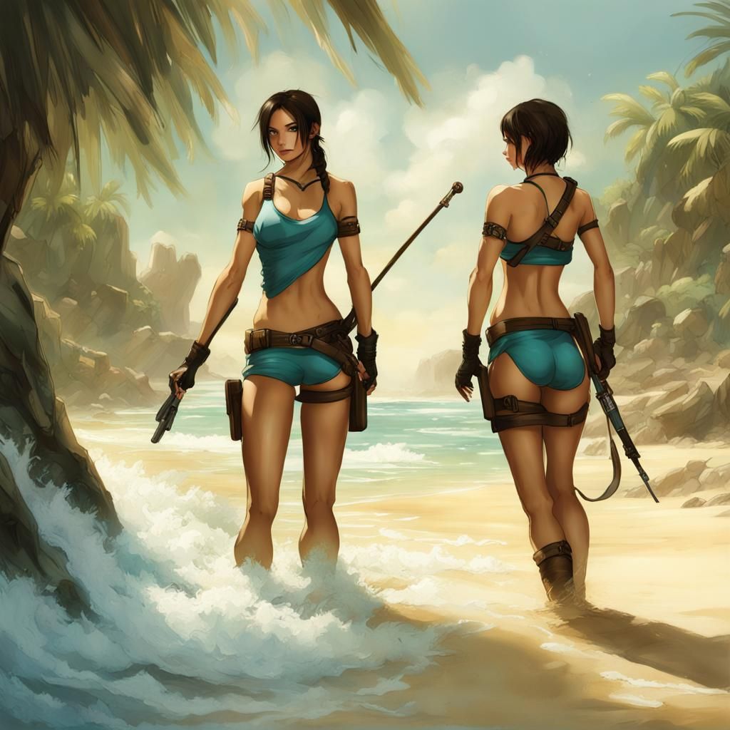 Lara Croft and Ada Wong on a Sun-Kissed Beach