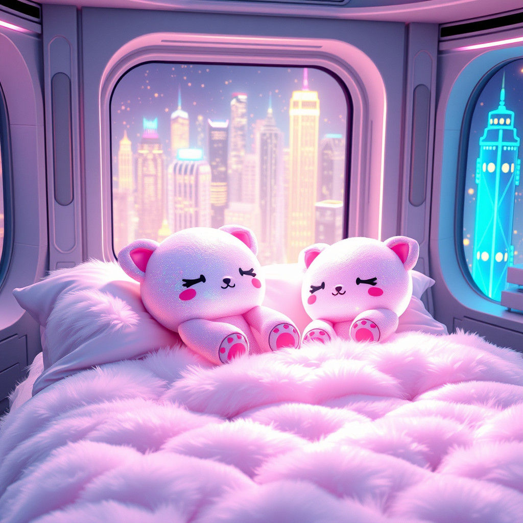 Kawaii Plushies in Futuristic Bedroom, Digital Art