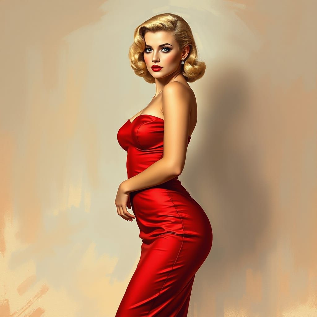 Confident Pin-Up in Alphonse Mucha and Waterhouse Style