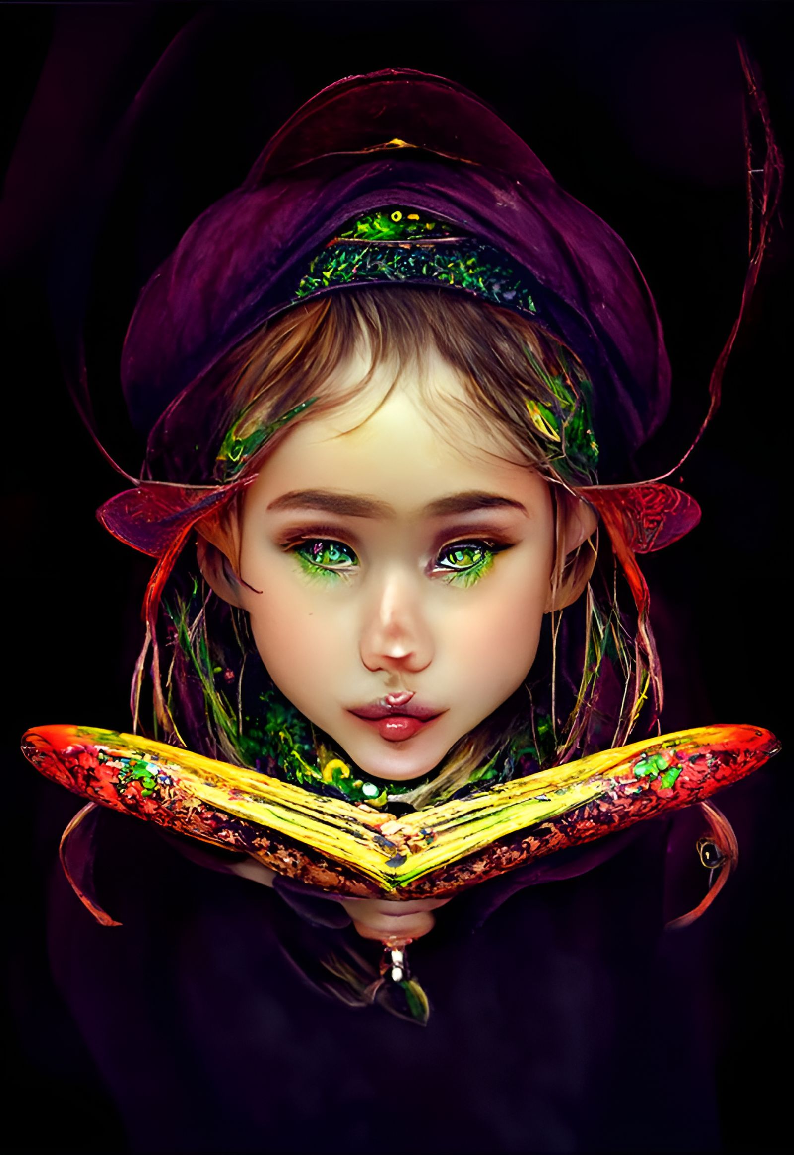 Enchanting Green Witch Reading Grimoire, Surreal Portrait