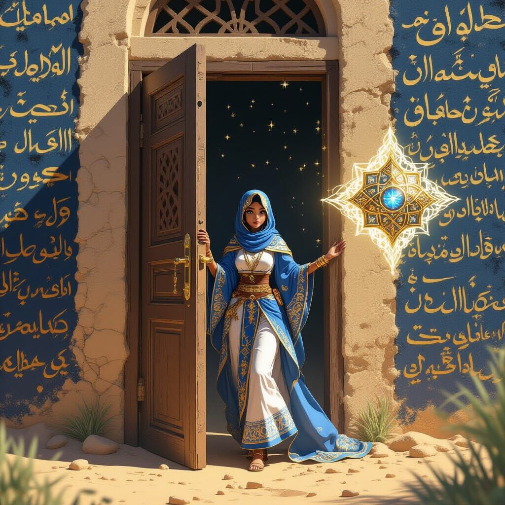 Anime Style: Woman in Doorway with Artifact