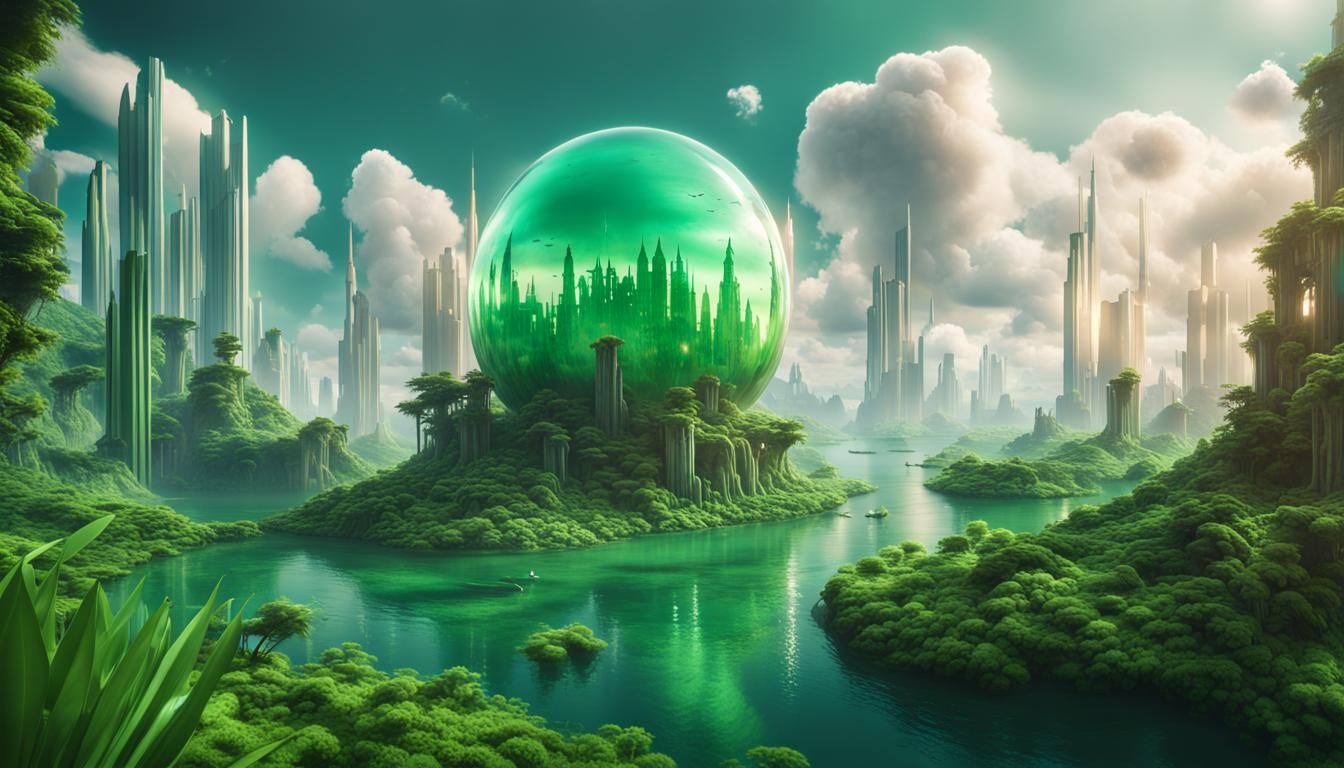 Lush Green Planet with Floating Crystal City