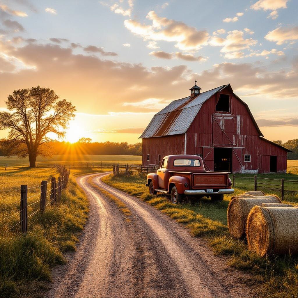 Nostalgic Rural Landscape with Red Barn in Vintage Realism