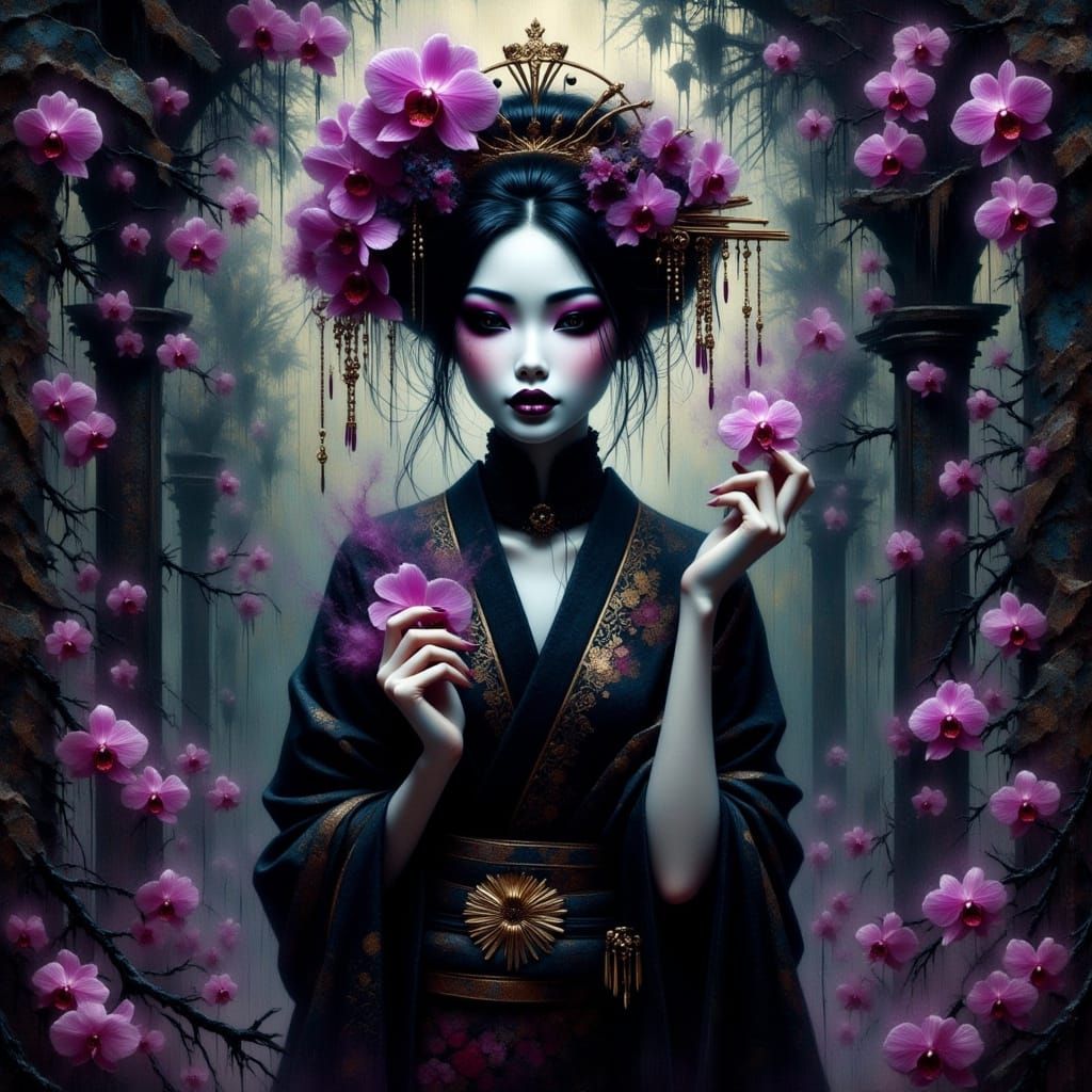 Orchid Necromancer Geisha in Ruined Gothic Cathedral