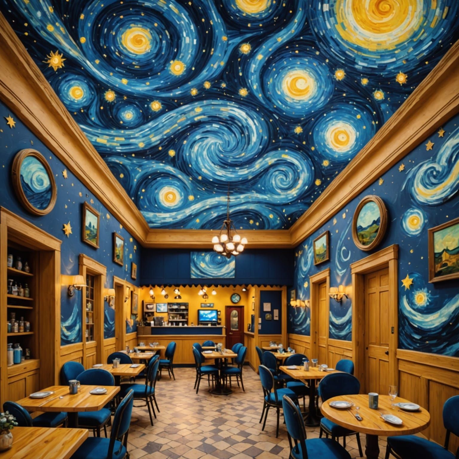Enchanted Cafe Interior With Van Gogh Night Sky Ceiling